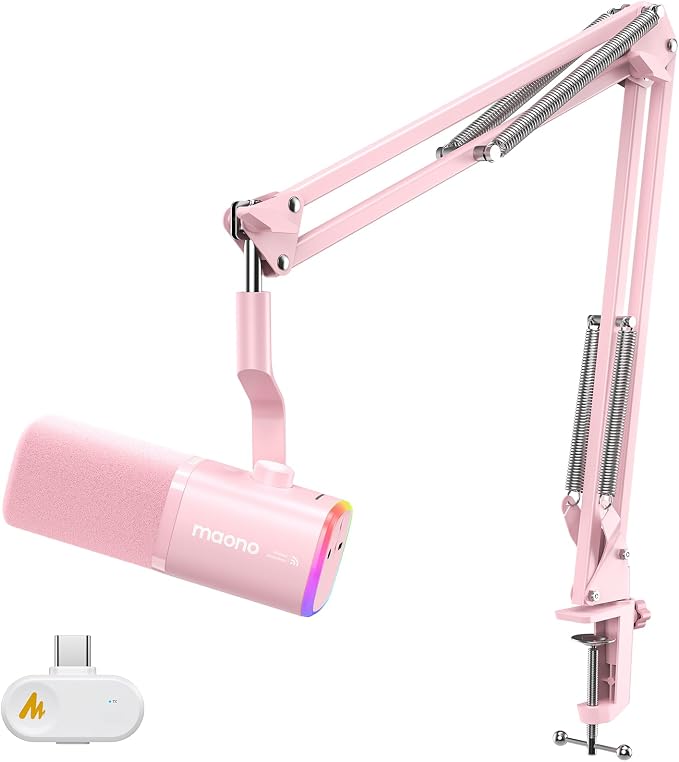 MAONO PD100W Wireless Dynamic Gaming Microphone for PC with USB-C Receiver | One-Click Noise Reduction,Custom RGB,Mute,Monitoring, Companion App,Boom Mic Set for Game Streaming Discord Podcasting, Pink by MAONO