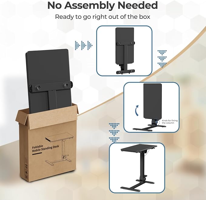 27" Portable Mobile Standing Desk, No-Assembly Needed, Black | Rolling Laptop Cart with 90° Tiltable Desktop for Storage, Compact Computer Workstation for Small Space - Image 6