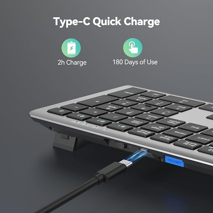TECKNET Bluetooth Keyboard Rechargeable 4-Device (2.4G+BT) Free Switching | Multi-device Connection, Ultra-Slim, Numeric Pad, Quiet Full Size Wireless Keyboard for PC/Laptop/Smart TV/Phone, 12 Hot Keys - Image 3