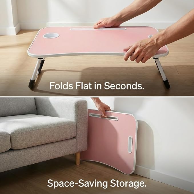 BUYIFY 23" Foldable Lap Desk for Laptop Writing w/Cup Holder Pink | Sturdy and Durable, Laptop Bed Desk with Tablet Slot, No Assembly, Space Saving for Bed Couch Dorm WFH Students - Image 7