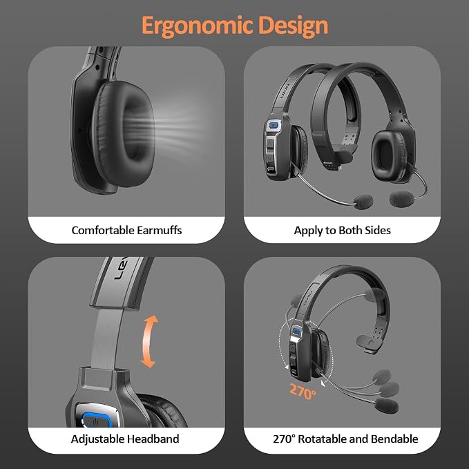 LEVN Bluetooth Headset with Microphone, Trucker Bluetooth Headset with AI Noise Cancelling & Mute Button, Wireless On-Ear Headphones 60 Hrs Working Time, for Trucker Home Office Remote Work Zoom - Image 5