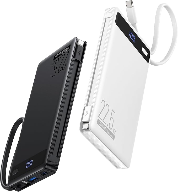 2Pack-10000mAh 22.5W Portable Charger Power Bank,Built-in Cables,WH‌&BLK‌ | 4 Outputs & 2 Inputs | 22.5W Fast charging | LED display | Slim Battery Pack for iPhone, Samsung Galaxy, Android by Unknown