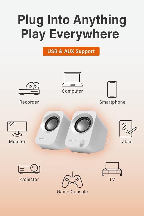 FUNLOGY Speaker - 14W Stereo PC Speakers, USB Powered, Compact Size with 30° Tilt Design, Volume Dial Control, for Desktop, Laptop, Monitor, Gaming Consoles, White - Image 4