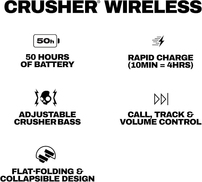 Skullcandy Crusher Wireless Multi-Sensory Bass Bluetooth Headphones - Black | Patented Crusher Bass Technology, Noise Isolating Over-Ear Fit, 50 Hours Battery, Microphone for iPhone Android - Image 9