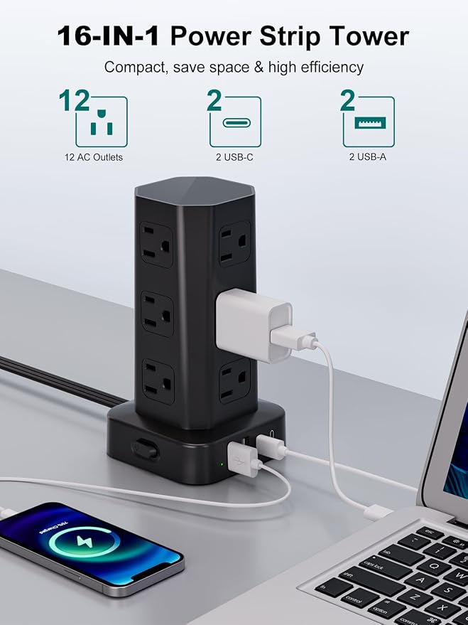 Power Strip Tower Surge Protector, 10FT Flat Plug Extension Cord with Multiple Outlets, 12 AC Outlets 4 USB (2 USB C), Desktop Surge Protection Tower for Home Office Dorm Room, Black - Image 2