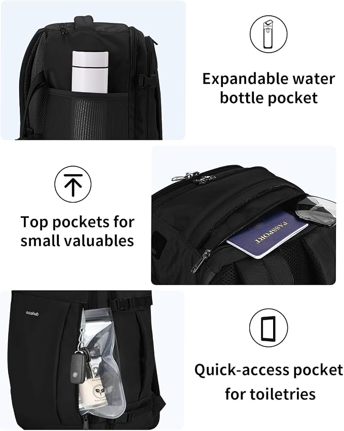 ECOHUB 17inch Travel Backpack Personal Item Bag Carry On Bag Men Women, Black | 16.7"x10"x8" Small Backpack with 13 Pockets Water Resistant Carry on Backpack with USB Port Luggage Sleeve for Men - Image 5