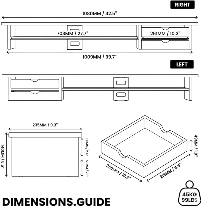 Fenge Monitor Stand, Desk Computer Riser with Frosted Storage Drawer, White | 42.5 Inch Dual Monitor Riser, 2 Tiers, Cable Management, Desk Shelf for 2 Monitors, Ultrawide Screen, Laptop, TV, Home Office - Image 3