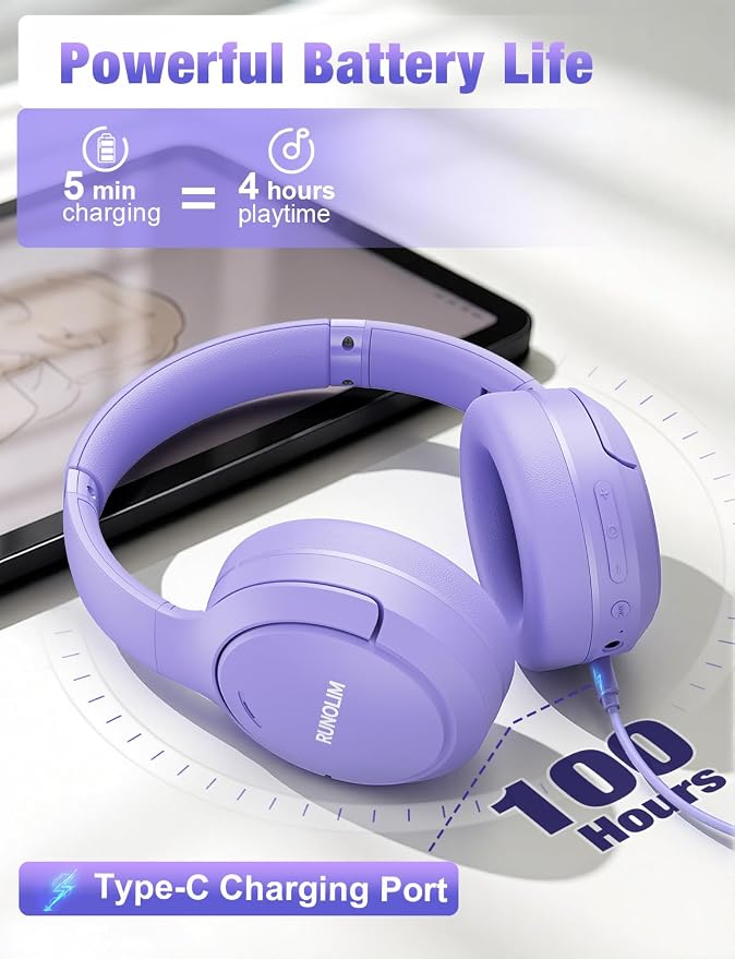 RUNOLIM Hybrid Active Noise Cancelling Headphones, Wireless Over Ear Bluetooth Headphones with Microphone, 100H Playtime, Foldable Headphone with HiFi Audio, Deep Bass for Home Travel Office（Purple） - Image 3