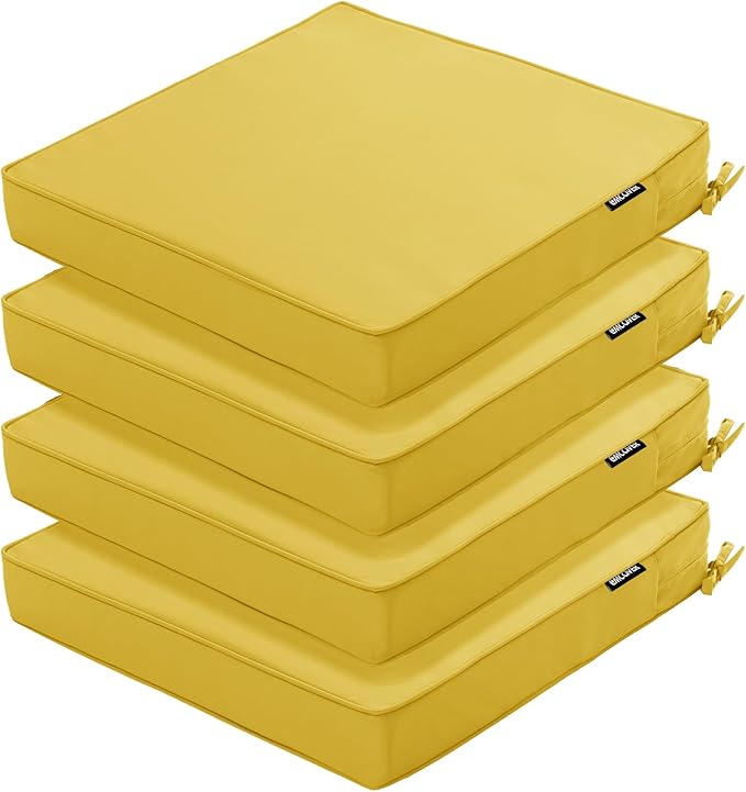 Outdoor Chair Cushions Set of 4, 19 x 19 x 3 Inch Seat Pads | Waterproof Patio Chair Cushions with Tie, Fade Resistant Cushions for Outdoor Furniture Garden Lawn, Yellow by COMCAVER