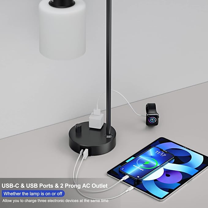 Industrial Bedroom Table Lamps for Bedside - White Opal Glass Shade Desk Lamps with USB C Port, Fully Dimmable Black Lamps with USB Port and Outlet, Reading Nightstand Lamp for Office Living Room - Image 3
