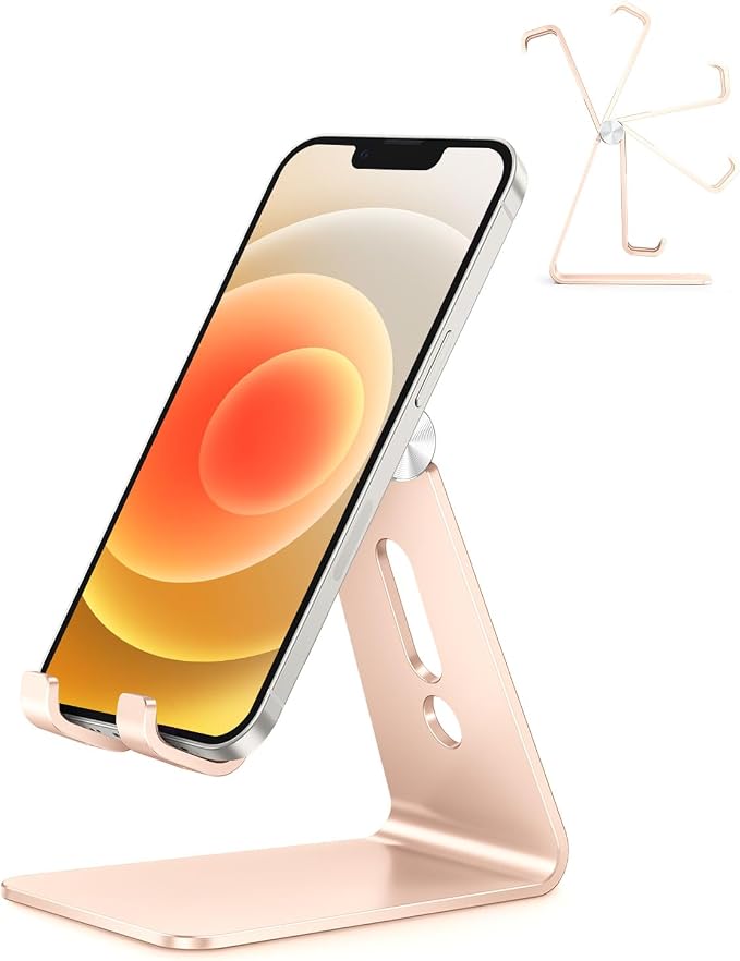 OMOTON Adjustable Cell Phone Stand, C2 Aluminum Desktop Phone Dock Holder Compatible with iPhone 15 14 13 Pro, SE, XR, 8 Plus 7 6, Samsung Galaxy, Google Pixel and More, Gold | Sturdy 3mm Aluminum, Charging Port, 270° Adjustable, Non-Slip Silicone Pads... by OMOTON