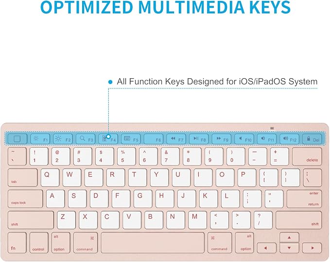 OMOTON Ultra-Slim Bluetooth Keyboard for iPad,iPad Pro/Air/Mini,iPhone | Stable Wireless iOS Keyboard with 12 Multimedia Keys, Portable Size for Office, Business, Travel, School, Pink & Pearl White - Image 5