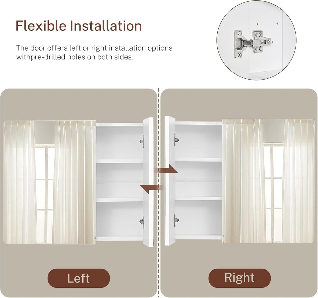 Medicine Cabinet Mirror with 2 Doors, Mount or Recessed Bathroom Wall Cabinet, Bathroom Mirror with Storage 3 Adjustable Shelves, White, 27.6 x 22.1 inch - Image 6