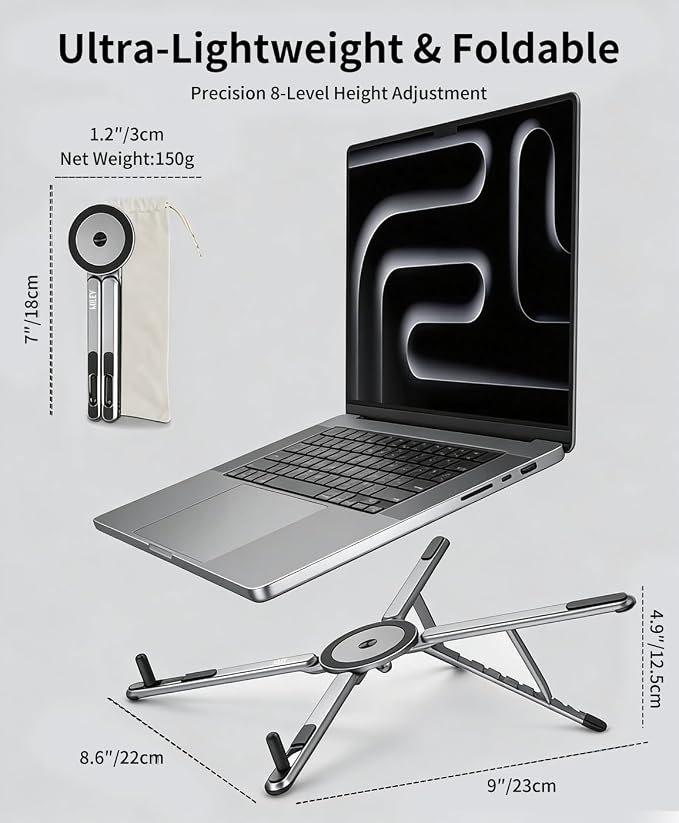 Laptop Stand for Desk, 8-Level Adjustable, Magnetic Phone Mount Silver | For 13–17 in laptops. Aluminum build, anti-slip support and fold-flat portability. Includes a magnetic ring and carry bag. - Image 3