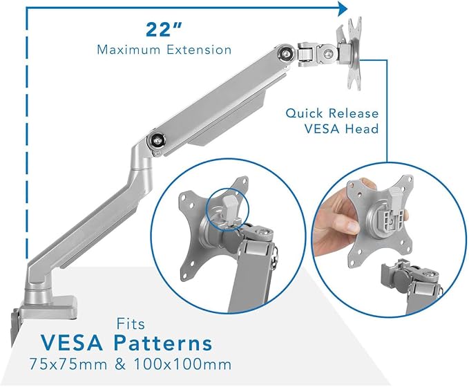 Mount-It! Single Monitor Arm Desk Mount, Mechanical Spring Height Adjustable Monitor Stand for 13–32 Inch Screens up to 17.6 lbs, VESA 75x75 & 100x100, C-Clamp & Grommet - Image 3
