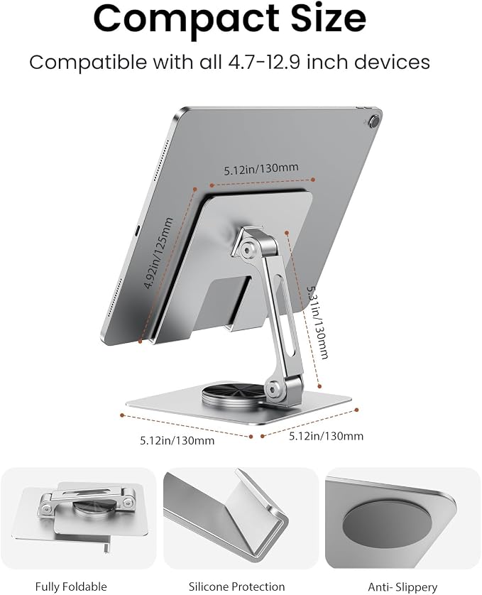 TIGRIS 360° Rotating Tablet Stand for iPad, Adjustable Foldable Metal Desk Stand, Stable Portable Tablet Holder for Office, Kitchen, Video Calls, Compatible with iPad Pro/Air/Mini, Kindle, Surface - Image 6