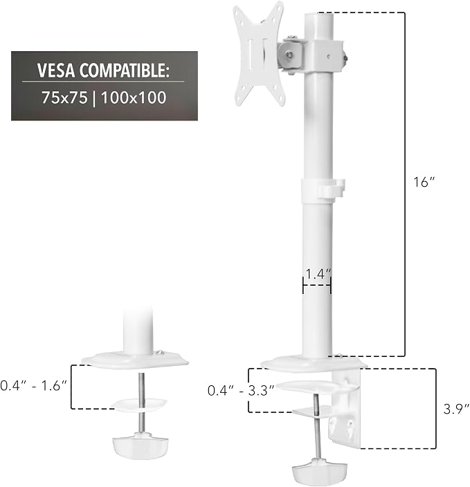 Mount-It! White Single Monitor Stand, Fits up to 32" | Adjustable desk arm holds up to 19.8 lbs, 360 rotation, 160 swivel, 40 tilt, clamp & grommet. - Image 9
