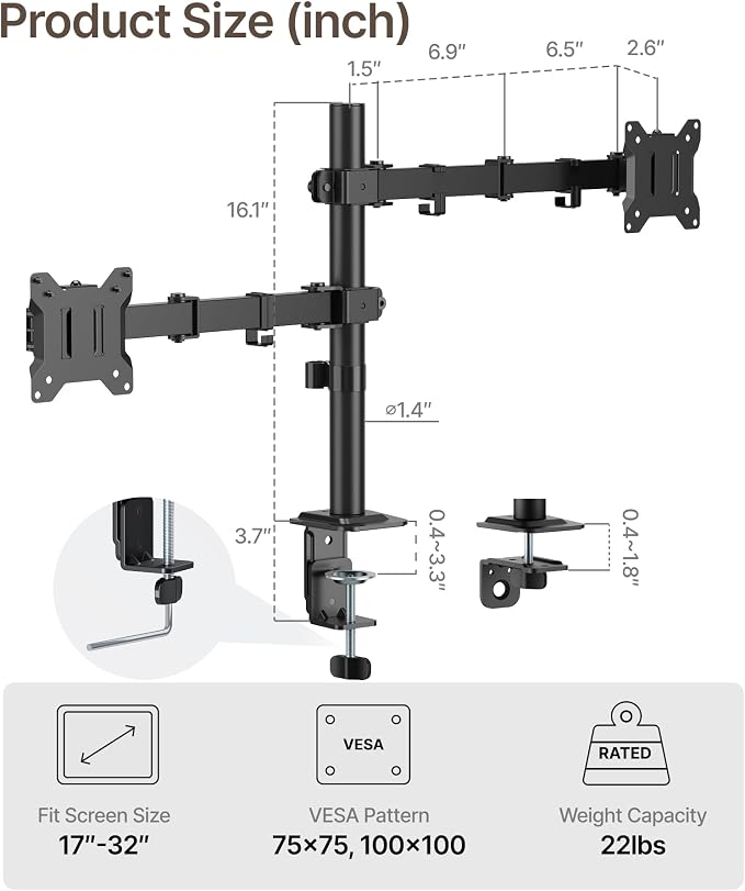 monTEK Dual Monitor Stand for 17-32" Screens, 22 lbs Each | Dual-screen desk mount, height adjustment, tilt, swivel, rotation, clamp/grommet bases and VESA 75/100 - Image 2
