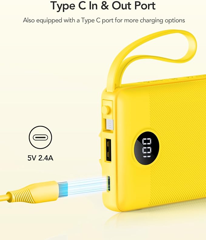 VRURC Portable Charger Power Bank, Built-in 4 Cables & 2 Ports 10000mAh | LED Display Slim Battery Pack,Compact Travel Essential Portable Phone Charger 5 Output for Multi Devices,Student/Teens(1Pack) - Image 3