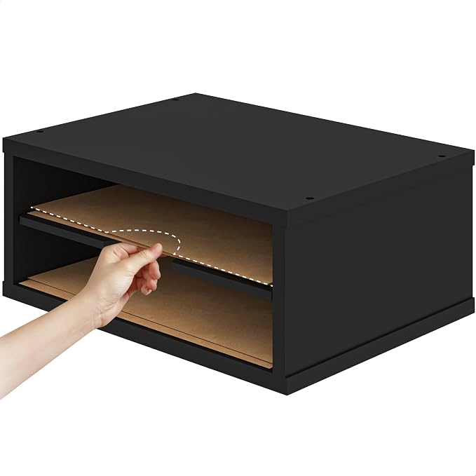Ballucci File Organizer, 2-Tier Document Paper Sorter, Stackable Wood Desk Organizer Mail Holder, Monitor Stand with Storage Shelves, Black - Image 4