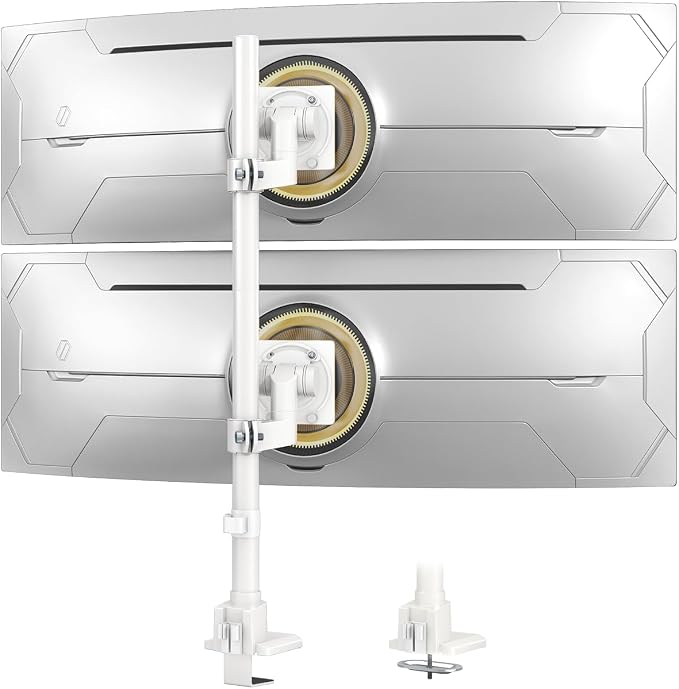 Dual Ultrawide Monitor Mount for 24-57'' Screens, Max Load 59.4 lbs per Arm | Vertically Stacked, Heavy Duty, Aluminum, Fully Adjustable, Topside Clamp/Grommet Mounting, VESA 75/100 mm, White by PUTILSENMOUNT