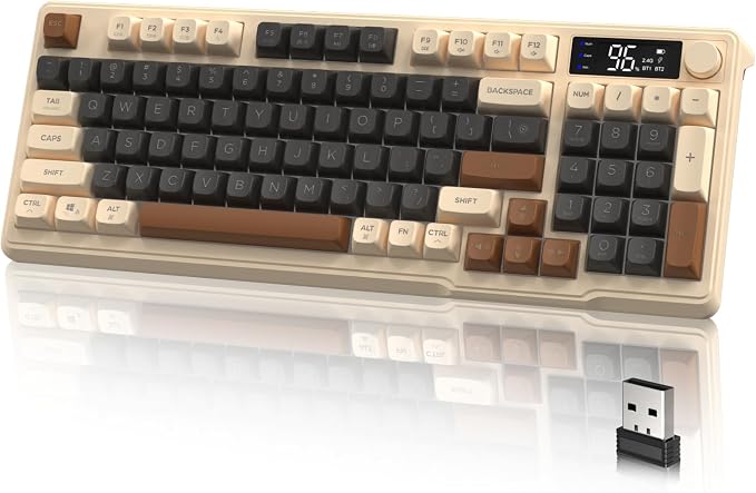 LexonElec M96 Wireless Gaming Keyboard,Knob Control Bluetooth/2.4G Wireless Mechanical Feeling Keyboard,RGB LED Backlit with Display Screen, PBT Keycap, 3000mAh, 94-Key Layout for Win/Mac(Coffee) by LexonElec