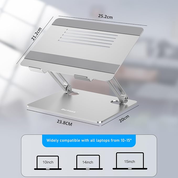 BoYata Laptop Stand, Adjustable Aluminum Riser for 15-Inch Laptops, Silver | Slide-proof silicone pads and protective hooks provide stable support for MacBook, notebooks and laptops up to 15 inches - Image 2