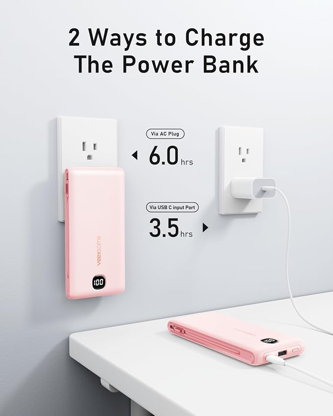 VEEKTOMX 10000mAh Portable Charger with Built-in Cables & Wall Plug | Fast Charging Slim USB-C Power Bank for iPhone, Samsung, iPad | 5 Outputs, Charges 4 Devices, ETL Certified, Pink - Image 4