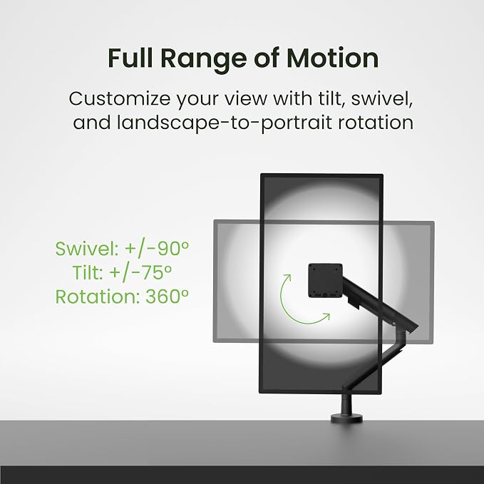 Kanto DM1 Single Monitor Desktop Arm for 17” - 40” Flat, Curved and Ultrawide Monitors | 4.4 to 22 lb Weight Capacity | On-the-Fly Height Adjustment w/Spring Arm | Easy Install | Black - Image 4