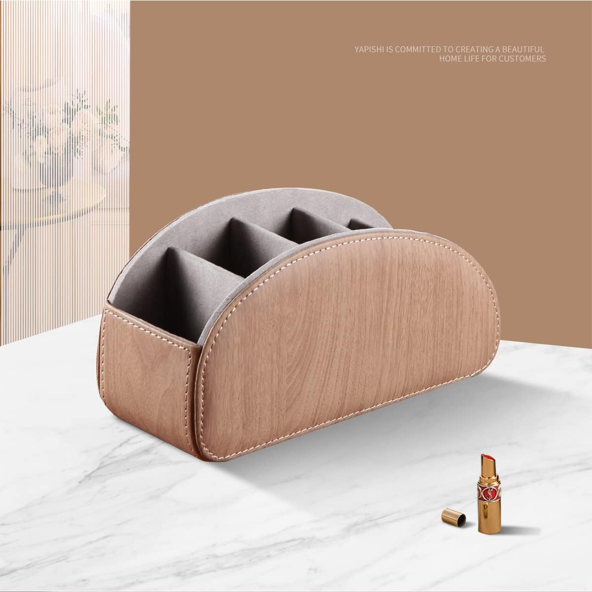 All-in-One Leather TV Remote Control Holder With 5 Compartments Nightstand Desktop DVD Media Player Remote Caddy Storage Box Organizer Tray For Makeup Brush Pen Stationary Table Controllers - Image 6