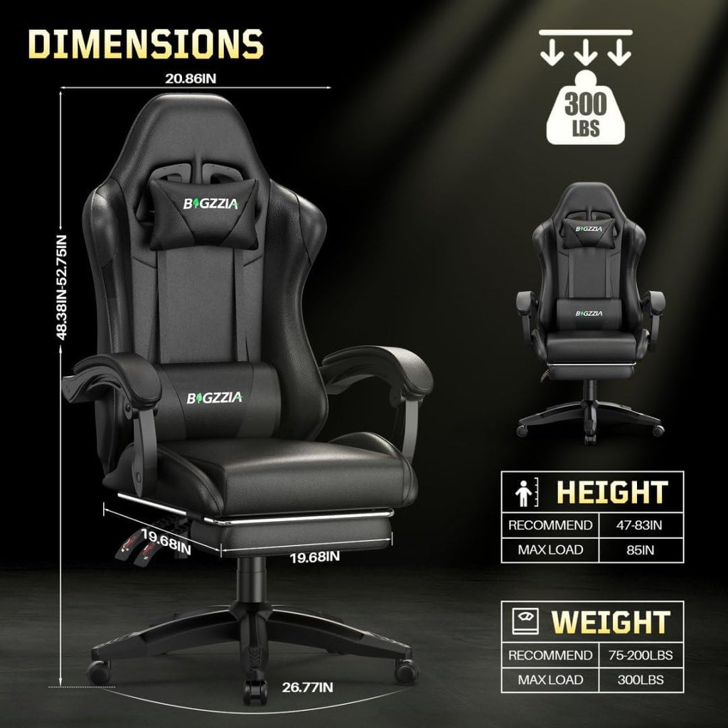 Bigzzia Gaming Chair with Footrest, Lumbar Massage for Adults & Kids, Black - Image 3