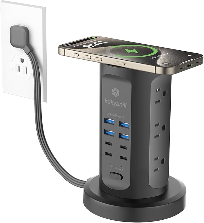 Power Strip Tower, kakyanill Charging Station 9 AC Outlets 8 USB Ports | 6 Ft Retractable Extension Cord, 15W Wireless Charger, Black by kakyanill