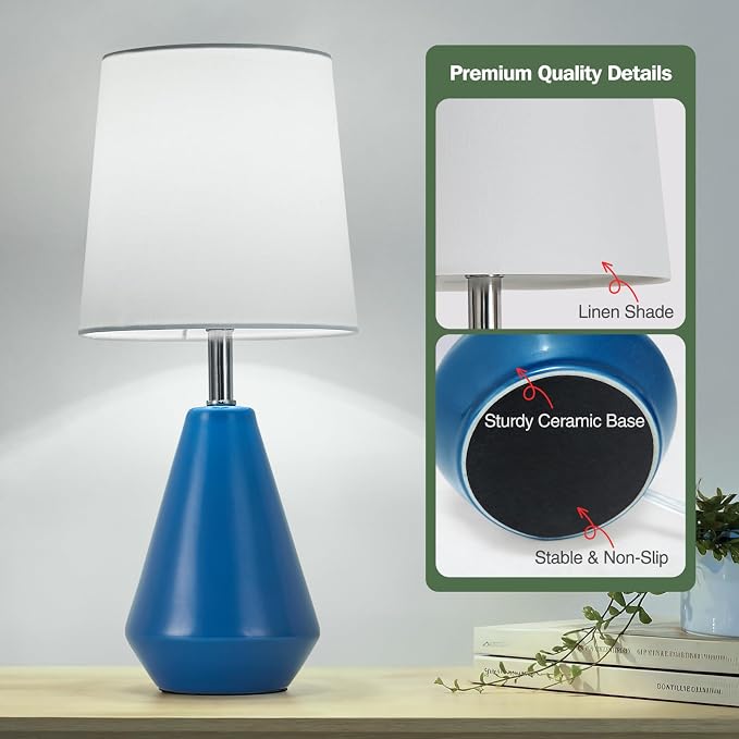 Small Bedside Table Lamp for Bedroom-Reading Desk Lamp Set of 2,with 3 Color Temperatures,15.5" Nightstand Ceramic Lamp with Fabric Shade for Kids Room,Living Room,Dorm,Home Office(Blue+White) - Image 5