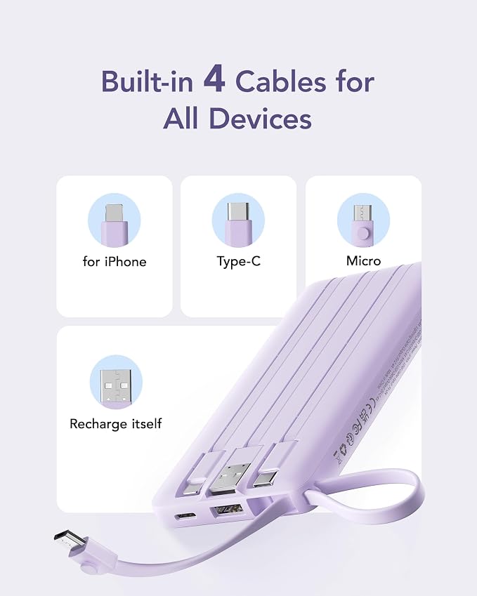 VRURC Portable Charger Built in 4 Cables, 10000mAh Power Bank | Battery Pack Travel Essentials, 5 Outputs 2 Inputs Slim Phone Charging Bank Lavender(1 Pack) - Image 9