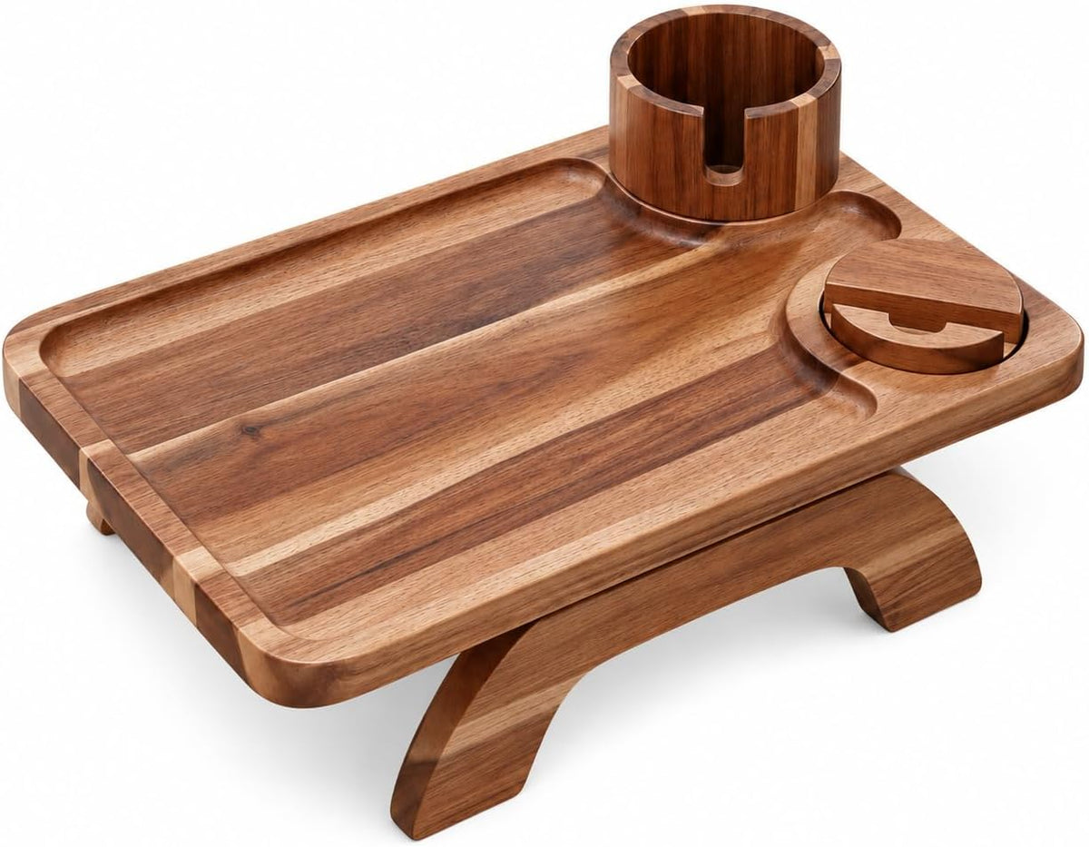 Couch Cup Holder Tray, Large 3-in-1 Acacia Wood Sofa Arm Rest Tray with Cup Holder & 360° Rotating Phone Stand, 15.36 × 9.85 Inches - Image 6