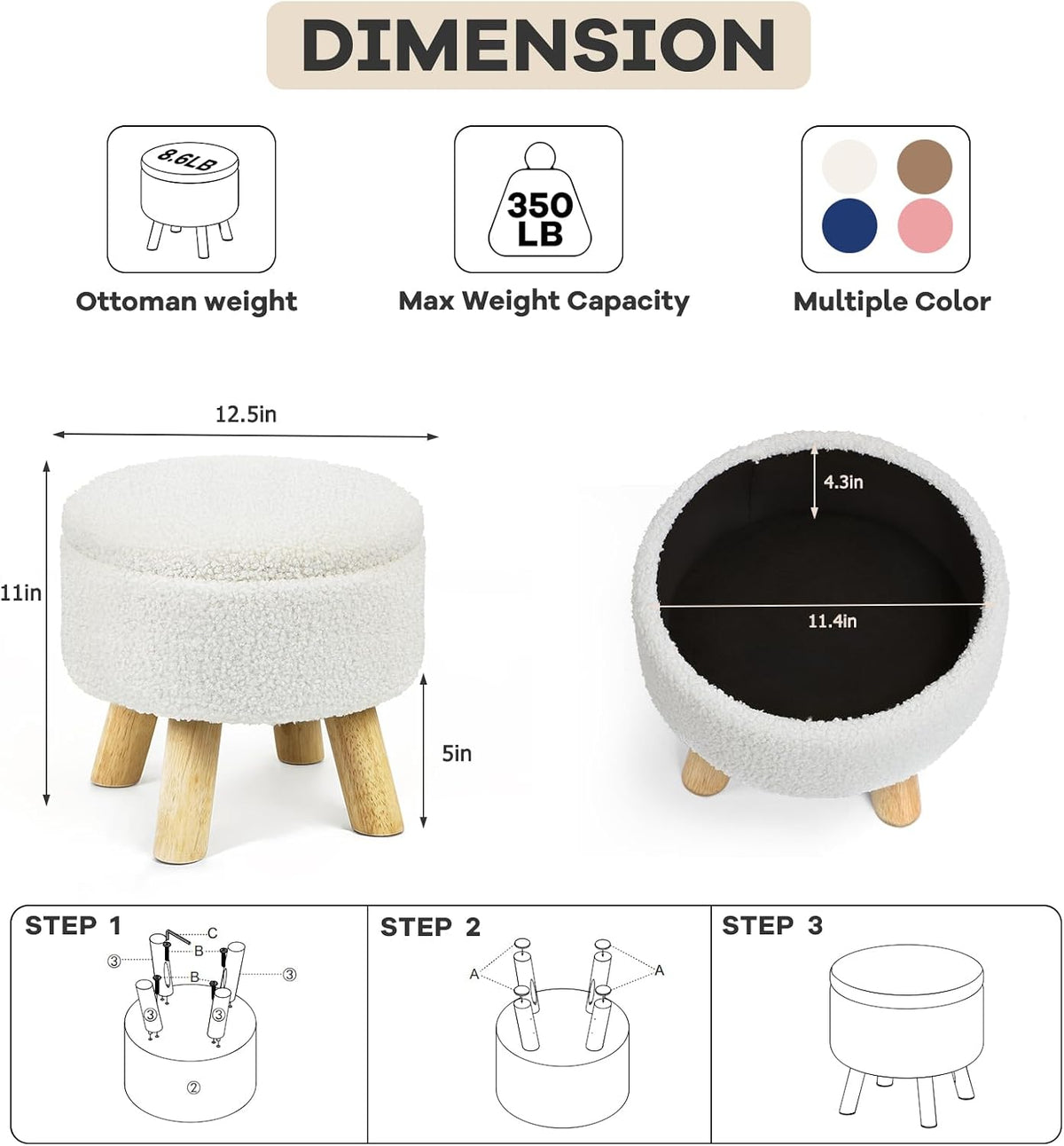 Ottoman Foot Stool, Small Ottoman with Storage,Round Storage Ottoman with Wood Legs, Soft Sponge Storage Footstool for Living Room, Bedroom, Couch, Enterway (Cream) - Image 3