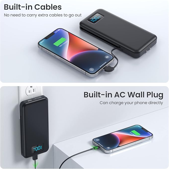 Portable Charger with Built-in AC Plug and Cables,13800mAh USB C Fast Charging Power Bank,Travel Essentials Portable Phone Charger Battery Pack for iPhone 17/16/15/14/13,Galaxy,Android-Graphite Black - Image 5
