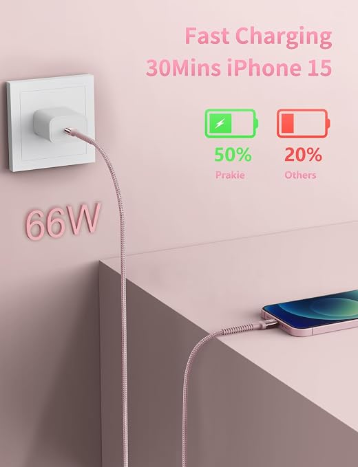 USBC to USBC Cable Fast Charging 66W, 2Pack 3FT USB C Cable, iPhone USB C | Charger Cable Short USB Type C to C Cord Nylon Braided for iPhone 17/16/15/Pro Max/Plus/Samsung Galaxy S23/LG and More-Pink - Image 2