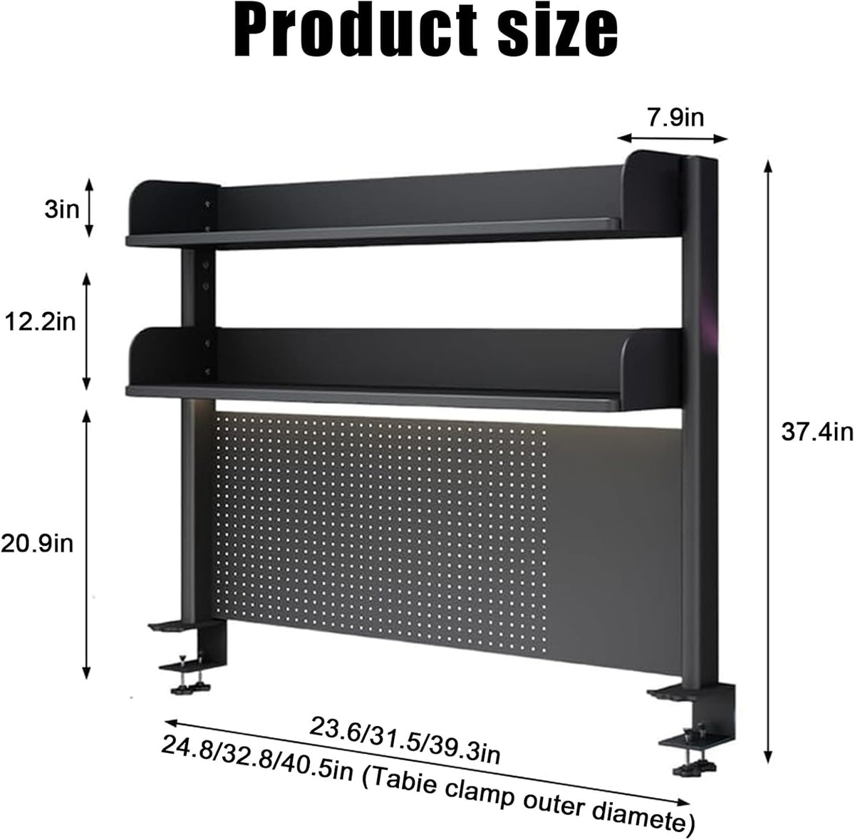 Computer Desktop Bookshelf with Pegboard,Clamp On Desk Organizer Shelf,Desktop Organizer Bookshelf Storage Shelves for Home Office Dorm Gaming Desk(31.4in, Black) - Image 3