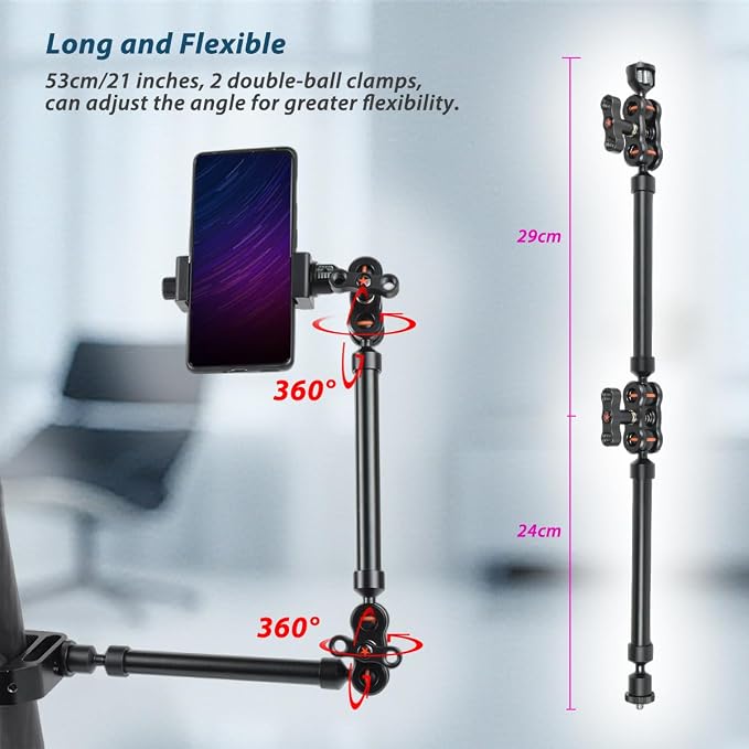 21"/53cm Adjustable Magic Arm with Super Clamp, Overhead Phone Mount, Heavy Duty Desk Camera Mount & Clamp,Flexible Joints Articulating Friction Arm for Light, Webcam, Mic, Action Camera - Image 3