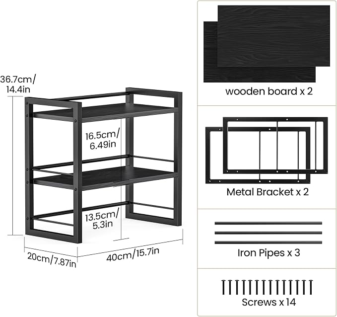 Office Desk Shelf Organizer, Wood Desktop Bookshelf Supplies Storage Rack, Shelf for Top of Desk and Dresser (Pure Black-2 Tier) - Image 3