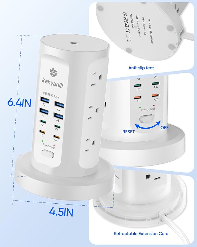 Power Strip Tower, kakyanill PD 65W Charging Station 9 AC Outlets 8 USB | 6 Ft Retractable Extension Cord, 15W Wireless Charger, White - Image 6