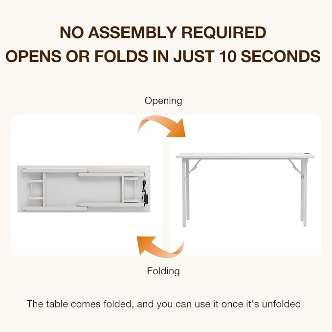 TEMI Long Computer Desk Folding Table - No Assembly, Compact 55.1" Foldable Desk with Power Outlets & USB Charging Port, Portable Lagre Office Desk, Ideal Large Study Table for Narrow Spaces,White Ash - Image 3