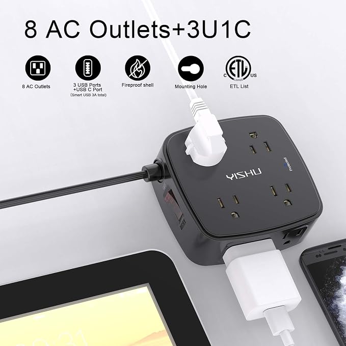 6 Ft Surge Protector Power Strip - YISHU 8 Widely Outlets with 4 USB Ports, 3 Side Outlet Extender with 6 Feet Flat Extension Cord, Ultra Flat Plug, Wall Mount, Desk USB Charging Station, ETL, Black - Image 2