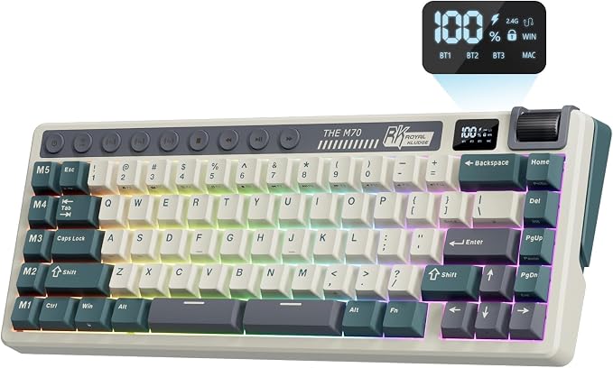 RK ROYAL KLUDGE M70 Wireless Mechanical Keyboard with Display/Macro Keys | 2.4GHz/Bluetooth/Wired 75% Gasket-Mount Gaming Keyboard with Knob, 6000mAh Battery, Hot-Swappable, Soft Tactile Beige Switch by RKROYALKLUDGE