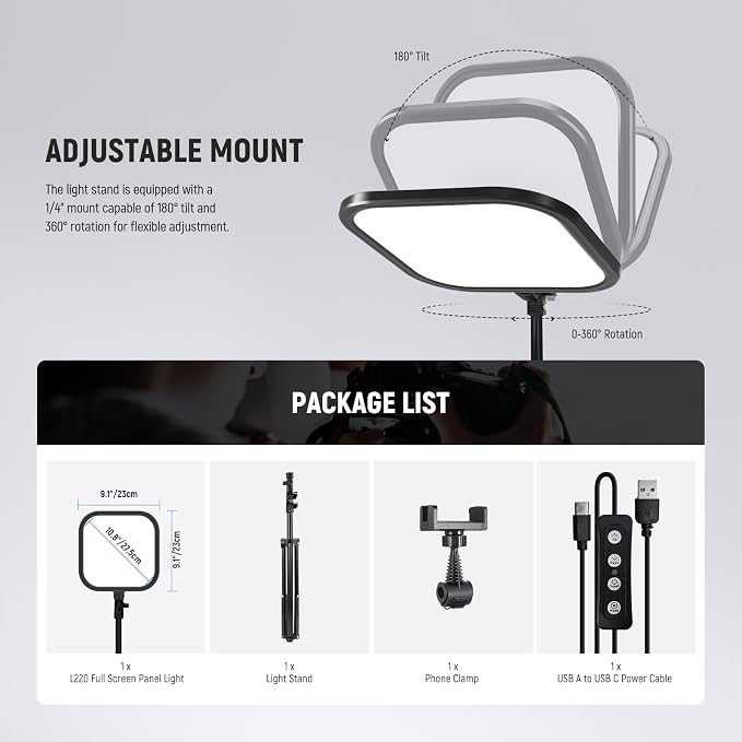 NEEWER BASICS15W 10.8" LED Video Light Panel Lighting Kit with 63" Tripod Stand/Phone Holder,Edge Lit Bi Color Dimmable Full Screen Light 816lux CRI95+ for Photography Filming Recording Streaming,L220 - Image 7
