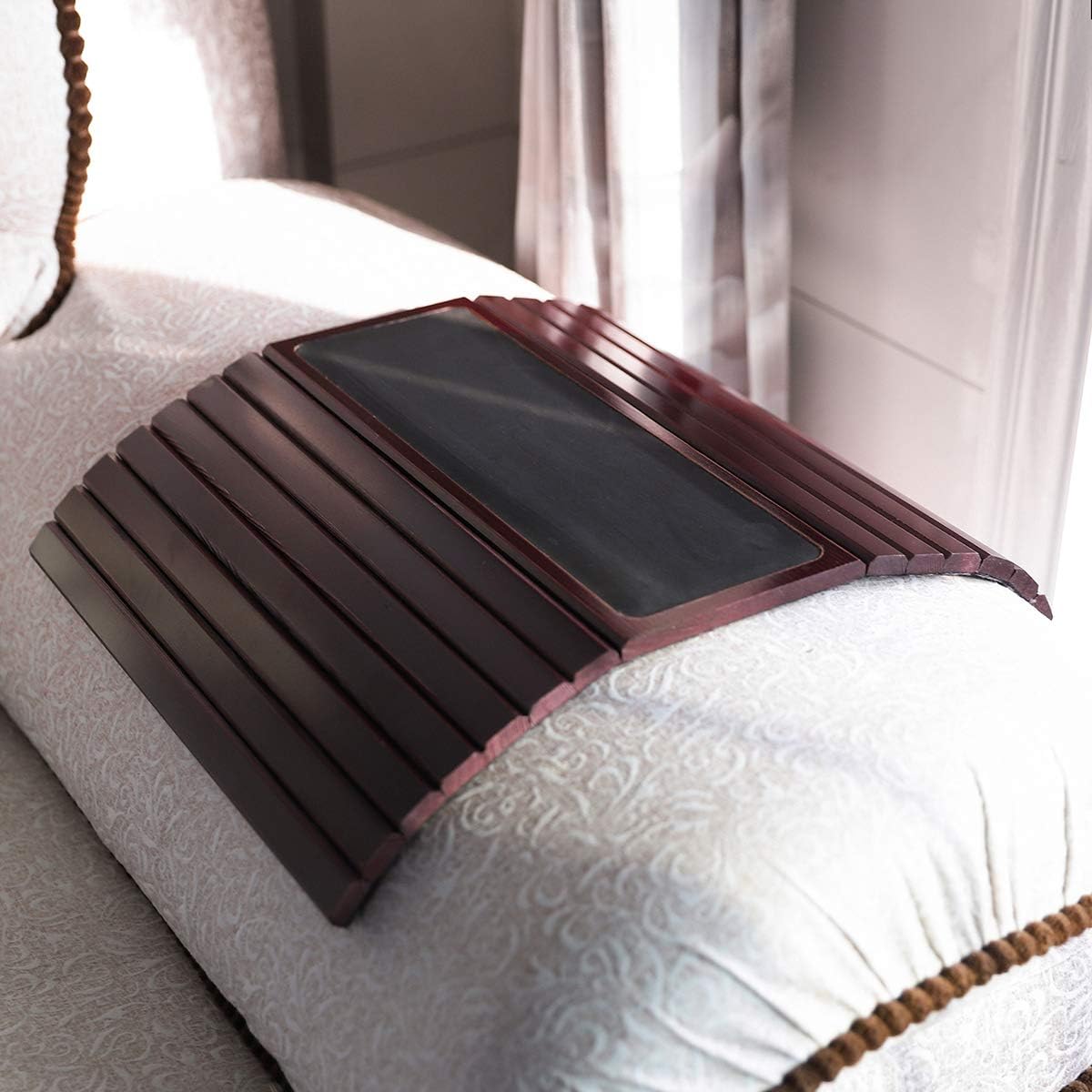 Bamboo Couch Arm Tray Table, Foldable Sofa Arm Tray Reddish Brown - Image 2