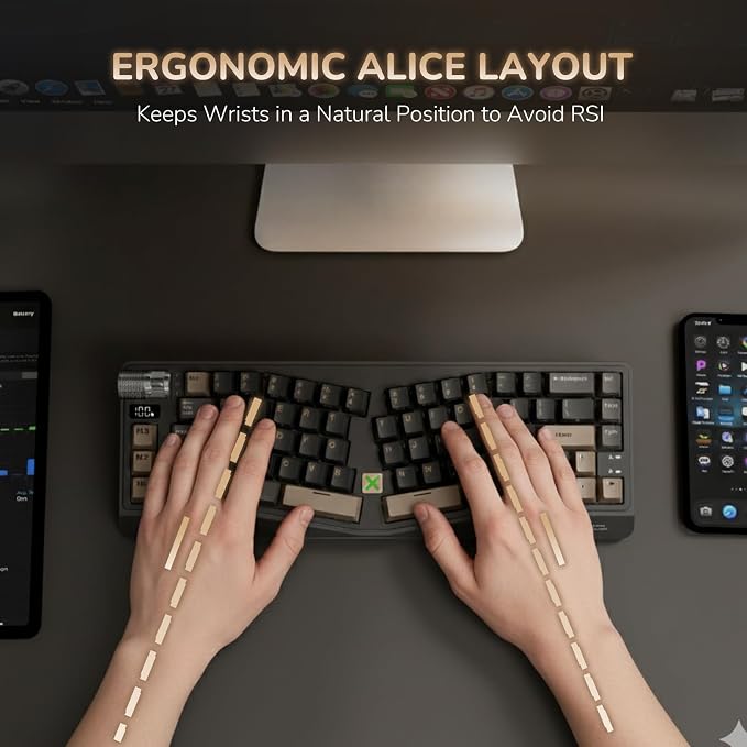 RK ROYAL KLUDGE A70 Wireless Ergonomic Keyboard, Alice Split Mechanical Keyboard w/Bluetooth/2.4GHz/Wired, 65% RGB Gaming Keyboards with Knob and PBT Keycap, Gasket Hot Swappable Linear Cream Switches - Image 3