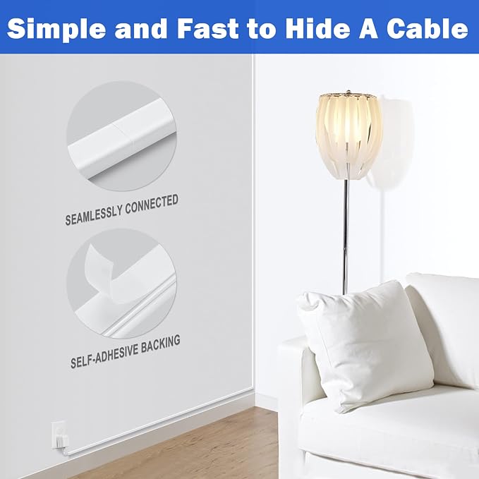 ZhiYo 102" White Cord Cover for 1 Wire, Small Size, 0.59" W x 0.4" H | Fits Up to 1 Thick Extension Cord, Self-Adhesive for Easy Install, Lightweight PVC Helps Stay Secure, Paintable Cord Hider - Image 5