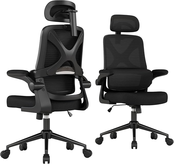 Ergonomic Office Chair - Desk Chair with Adjustable Headrest Lumbar Support Computer Chair - Mesh Comfy Chair with Flip-up Armrests - Gaming Chairs for Adults Home Office (Black+Black) by Apusen